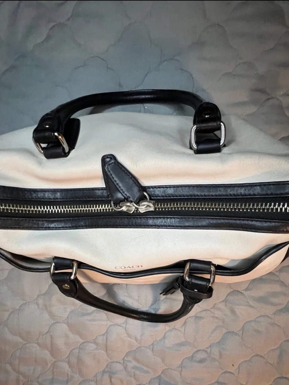 Coach Two-Tone Leather Satchel in Cream and Black with Tassel